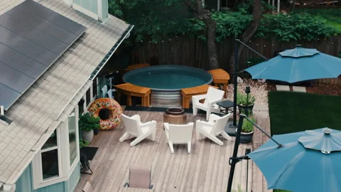 Aerial Backyard Stocktank Pool Deck Blue Umbrellas Adirondack Chairs Lawn Stock Footage 334351463