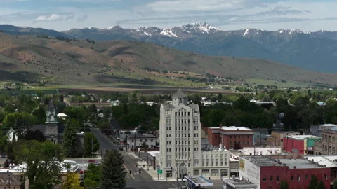 Aerial of Baker Tower in Baker City small town in eastern Oregon in spring Stock Footage 335850324