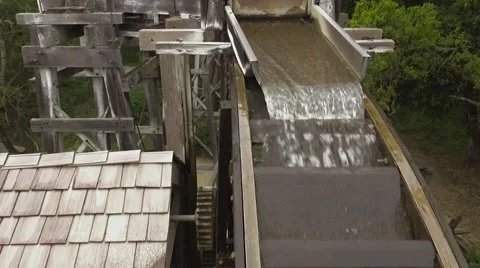 Aerial of Bale Grist Mill with large water wheel Stock Footage 62252653