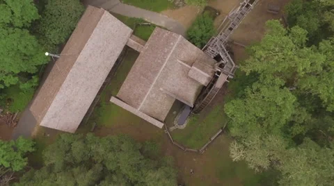 Aerial of Bale Grist Mill with large water wheel Stock Footage 62252753