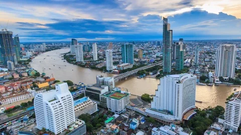 Aerial Bangkok Cityscape Riverside Chao Phraya River Of Thailand 4K Time Lapse Stock Footage 79964853