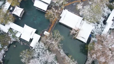 Aerial Baotu Spring Park Architecture During Winter Snow Video stock 342250863