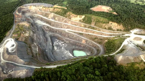 Aerial of a basalt quarry in Germany, drone view of stone pit in 4k Video stock 156128933