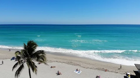 Aerial Beach Panoramic With Blue Ocean Sand and People on Vacation in Summer  4K Stock Footage 86971448