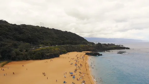 Aerial Beach Shore Pull Back with Rain Drops Stock Footage 96226424