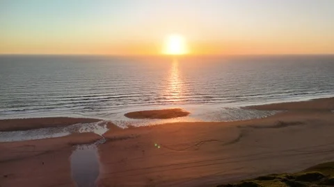Aerial : Beach Sunset, Perranporth, Cornwall, Drone Shot, Stock Footage 310128385