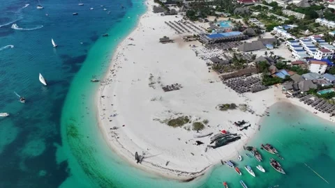 Aerial beach view, flight along white sand strand of Kendwa Beach Stock Footage 289064567