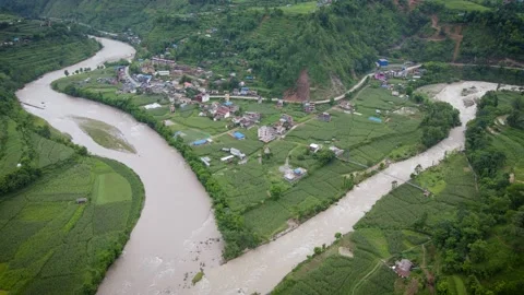 AERIAL Beautiful city between two rivers in Nepal Stock Footage 155960338