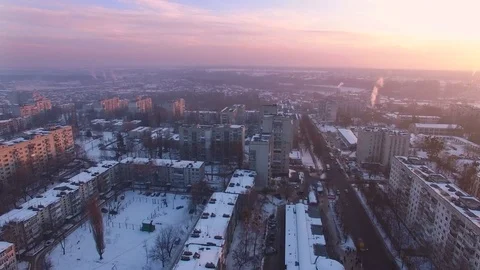 Aerial beautiful evening sky in winter city 库存影片 71650357