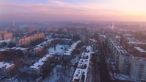 Aerial beautiful evening sky in winter city Stock-Footage 71650552