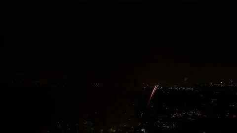 Aerial Beautiful Exploding Of Fireworks In City At Night - Los Angeles, Stock Footage 169489597