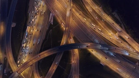 Aerial beautiful junction complex night multi-lane road traffic Moscow Russia    Stock Footage 116267731
