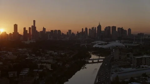 Aerial of beautiful Melbourne city at sunset Stock Footage