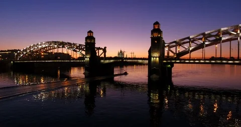 Aerial beautiful sunset view of the bridge with towers at night with the illumin Stock Footage 90185158