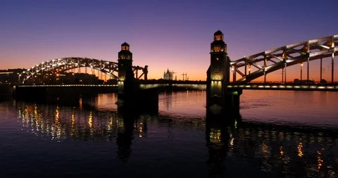 Aerial beautiful sunset view of the bridge with towers at night with the illumin Stock Footage 90186058