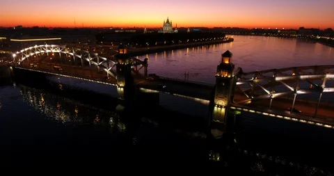Aerial beautiful sunset view of the bridge with towers at night with the illumin Stock Footage 90366090