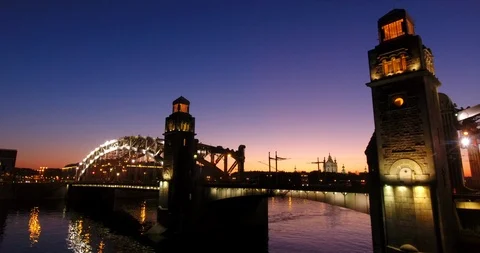 Aerial beautiful sunset view of the bridge with towers at night with the illumin Stock Footage 90366298
