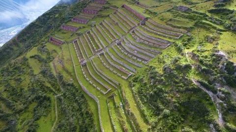 Aerial of beautiful terraced and patchwork fields Stock-Footage 79744439
