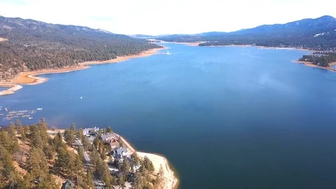 Aerial Beautiful View of Big Bear Lake &amp; Trees with Mountains in California Stock Footage 103132069