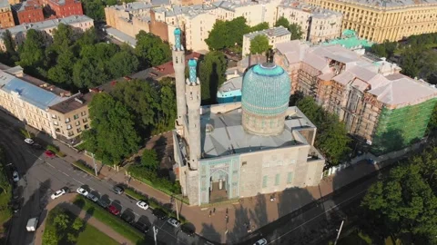 Aerial beautiful view on the Cathedral mosque in Saint-Petersburg in Russia Stock Footage 164401353