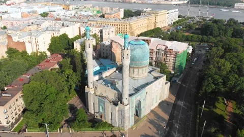 Aerial beautiful view on the Cathedral mosque in Saint-Petersburg in Russia Stock Footage 164401374