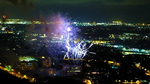 Aerial Beautiful View Of Fireworks Igniting In City At Night - Culver City, Stock Footage 255408587