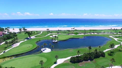 Aerial - Beautiful view of Golf Course next to ocean panoramic. Stock Footage 66240764