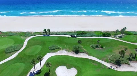 Aerial - Beautiful view of Golf Course next to ocean in Miami Stock Footage 66240765
