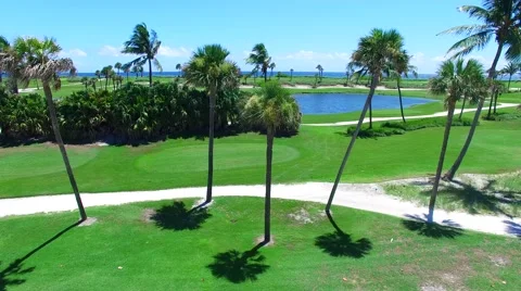 Aerial - Beautiful view of Golf Course next to ocean going up Stock Footage 66240847