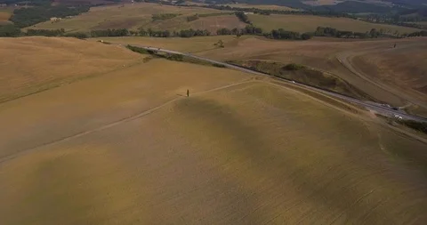 Aerial, beautiful view on tuscan fall landscape with a lonely cypress tree in Video stock 100704100