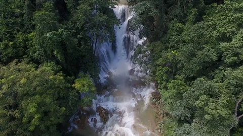 Aerial big waterfall down heavy Stock Footage 79634237
