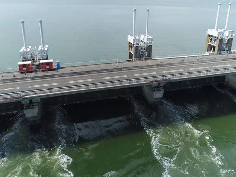 Aerial bird view Eastern Scheldt storm surge barrier flying to the right 4k Stock Footage 80233239