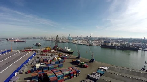 Aerial bird view flying over harbor area industrial zone 4k Stock Footage 74970586