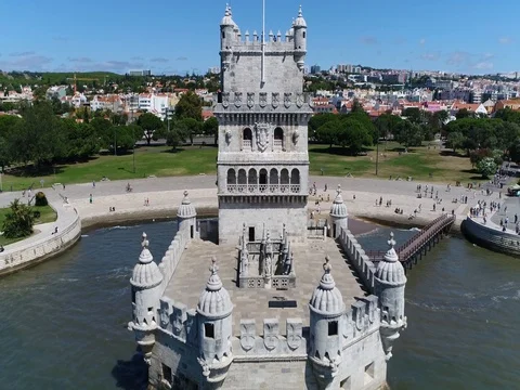 Aerial bird view flying over Belem Tower Torre de Belem 4k Stock Footage 80215393