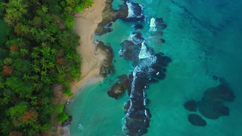 Aerial birds eye overhead top down view, beautiful coastline of tropical island Stock Footage