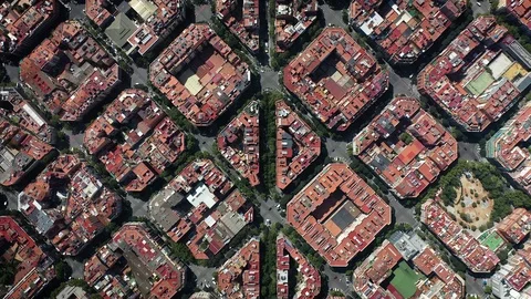 Aerial birds eye view of rectangular buildings and red roofs in Barcelona, Stock Footage 122116795