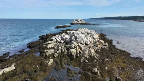 Aerial of bird‑whitened rock cluster bordered by seaweed.  St. Lawrence River. Video stock 345230197