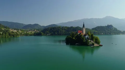 Aerial Bled lake view, Slovenia Stock Footage