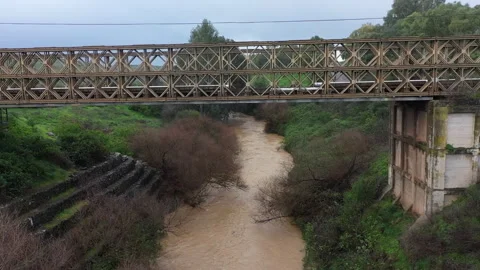 Aerial Bnot Yaakov Bridge Golan Heights Israel River Stock Footage 327234466