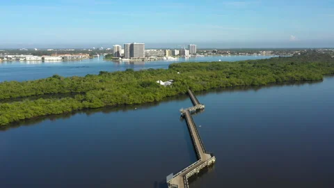Aerial of Boardwalk at MacArthur Beach in North Palm Beach Florida Stock Footage 235248053