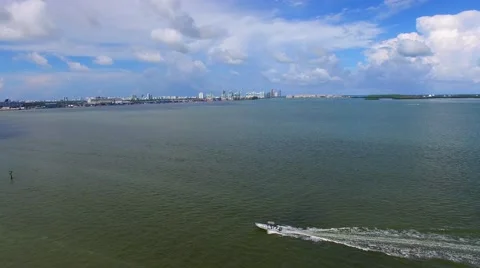 AERIAL - Boat passing by in front of port of Miami Stock Footage 65154053
