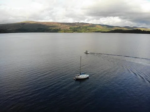 AERIAL: Boats on Loch Lomond Stock Photos