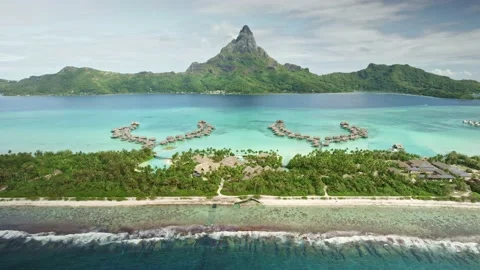Aerial Bora Bora drone view of overwater bungalow villas in lagoon, Tahiti  Stock Footage 165139302