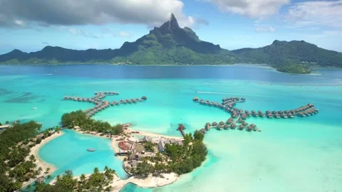 Aerial Bora Bora drone view of overwater bungalow villas in lagoon, Tahiti 4k 스톡 동영상 252235607