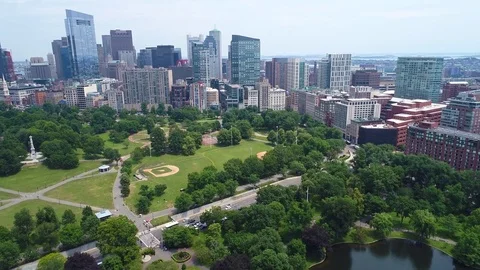 Aerial Boston Common with view of Downtown 4k Stock Footage