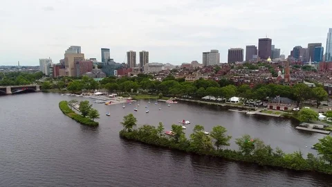 Aerial Boston The Esplanade Charles River community boating 4k 60p Stock Footage