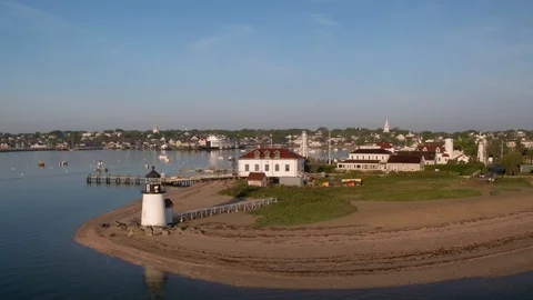 Aerial of Brant Point Lighthouse in the Early Morning During Summer, Nantucket Stock Footage 87964323