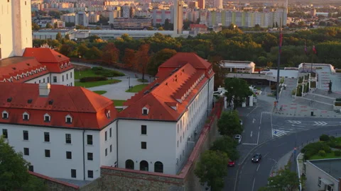 Aerial Bratislava Castle Sunset Video stock 210536618