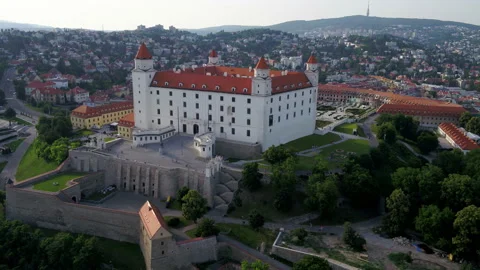 Aerial Bratislava Castle Sunset Video stock 211675342