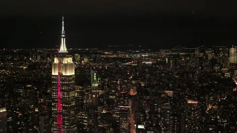 AERIAL: Breathtaking drone point of view of the New York City skyline at night. Stock Footage
